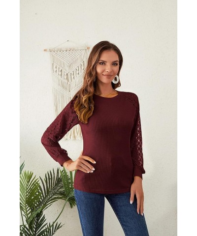 Women's Spring Trendy Long Sleeve Going Out Tops Lace Casual Loose Blouses Basic Cute T Shirts Wine Red $14.99 Blouses