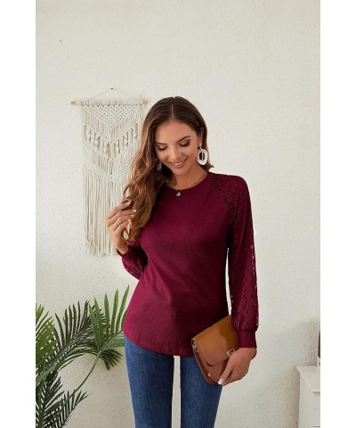 Women's Spring Trendy Long Sleeve Going Out Tops Lace Casual Loose Blouses Basic Cute T Shirts Wine Red $14.99 Blouses