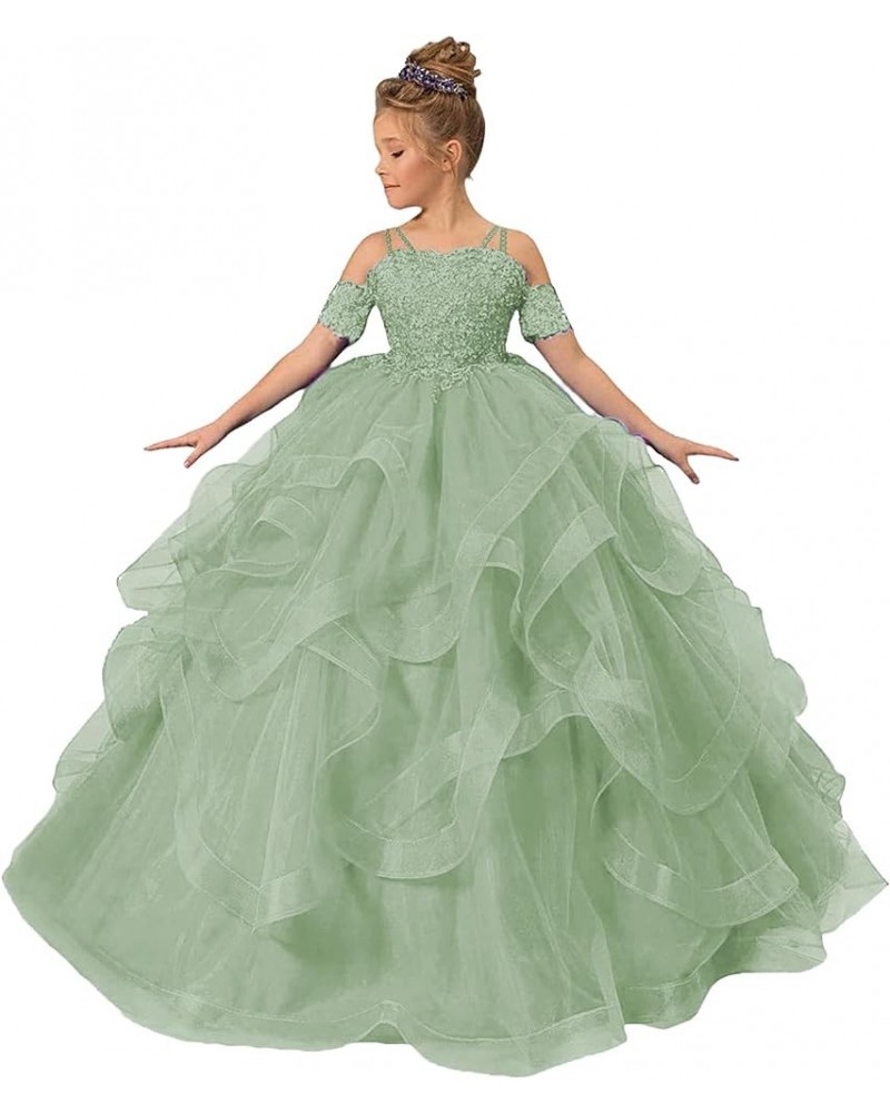 Tulle Flower Girl Dresses for Wedding Lace Applique Princess Ruffles Pageant Dress Long Party Ball Gown Sage Green $35.25 Dre...