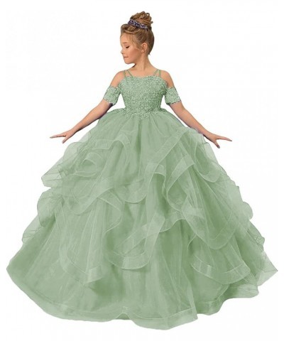 Tulle Flower Girl Dresses for Wedding Lace Applique Princess Ruffles Pageant Dress Long Party Ball Gown Sage Green $35.25 Dre...