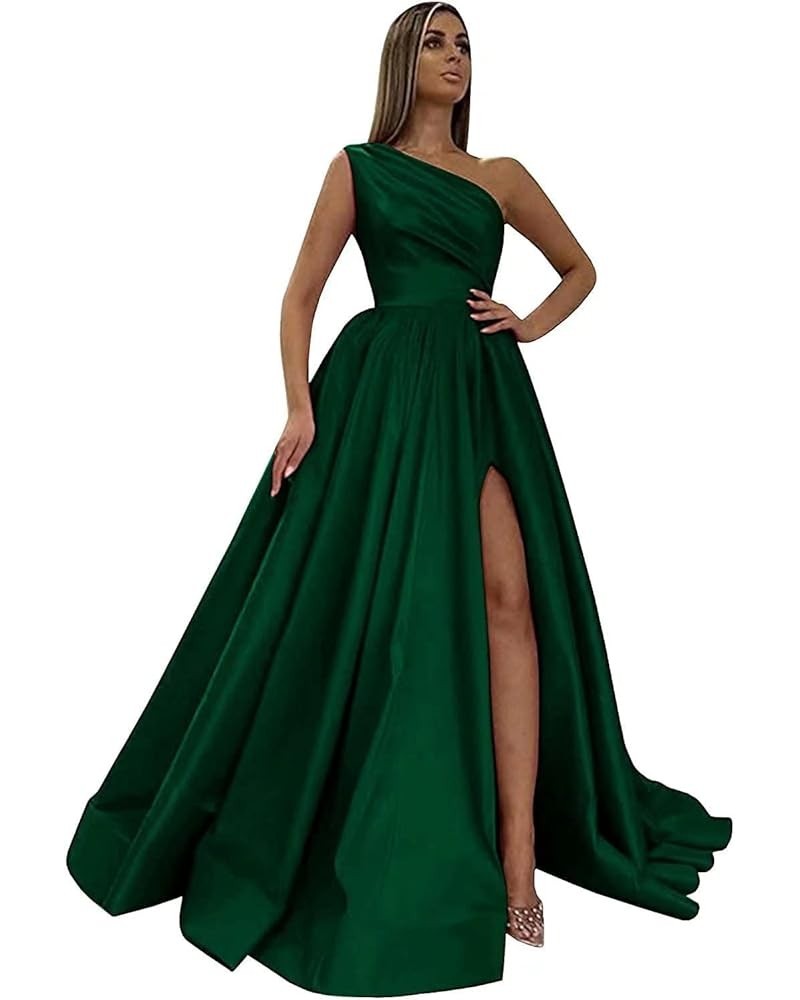 Women's One Shoulder Prom Dresses Satin High Slit A-Line Long Formal Party Gowns YXXY599 1style-emerald Green $39.71 Dresses