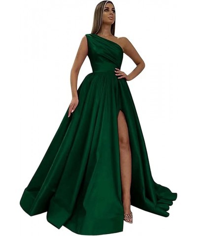 Women's One Shoulder Prom Dresses Satin High Slit A-Line Long Formal Party Gowns YXXY599 1style-emerald Green $39.71 Dresses