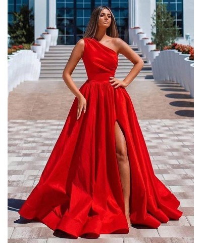 Women's One Shoulder Prom Dresses Satin High Slit A-Line Long Formal Party Gowns YXXY599 1style-emerald Green $39.71 Dresses