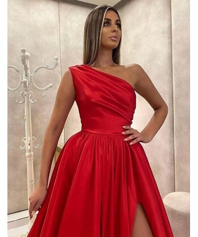 Women's One Shoulder Prom Dresses Satin High Slit A-Line Long Formal Party Gowns YXXY599 1style-emerald Green $39.71 Dresses