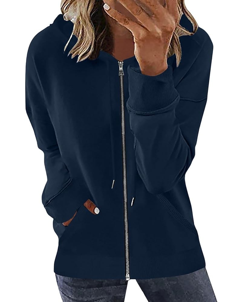 Women's Lightweight Zip Up Hoodies Solid Colors Long Sleeve Jacket with Pockets Trending Fall Clothes for Women 2023 Navy-01 ...