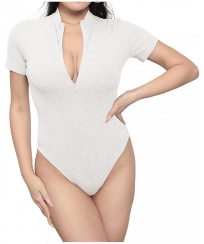 Sexy Bodysuit for Women Zipper Front Mock Neck Short Sleeve/Long Sleeve Ribbed Bodysuit Leotard Top White-2 $14.24 Bodysuits