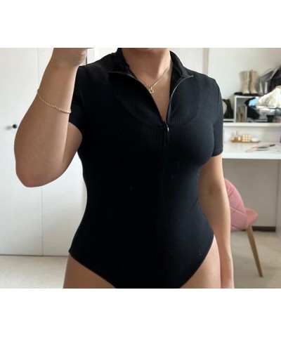 Sexy Bodysuit for Women Zipper Front Mock Neck Short Sleeve/Long Sleeve Ribbed Bodysuit Leotard Top White-2 $14.24 Bodysuits