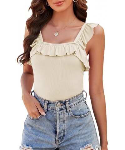 Women's Cute Square Neck Sleeveless Ribbed Ruffle Strap Tank Top Bodysuits Beige $10.28 Bodysuits