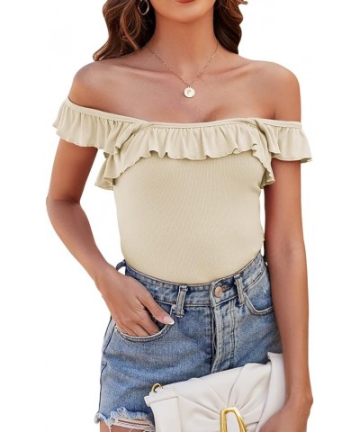 Women's Cute Square Neck Sleeveless Ribbed Ruffle Strap Tank Top Bodysuits Beige $10.28 Bodysuits