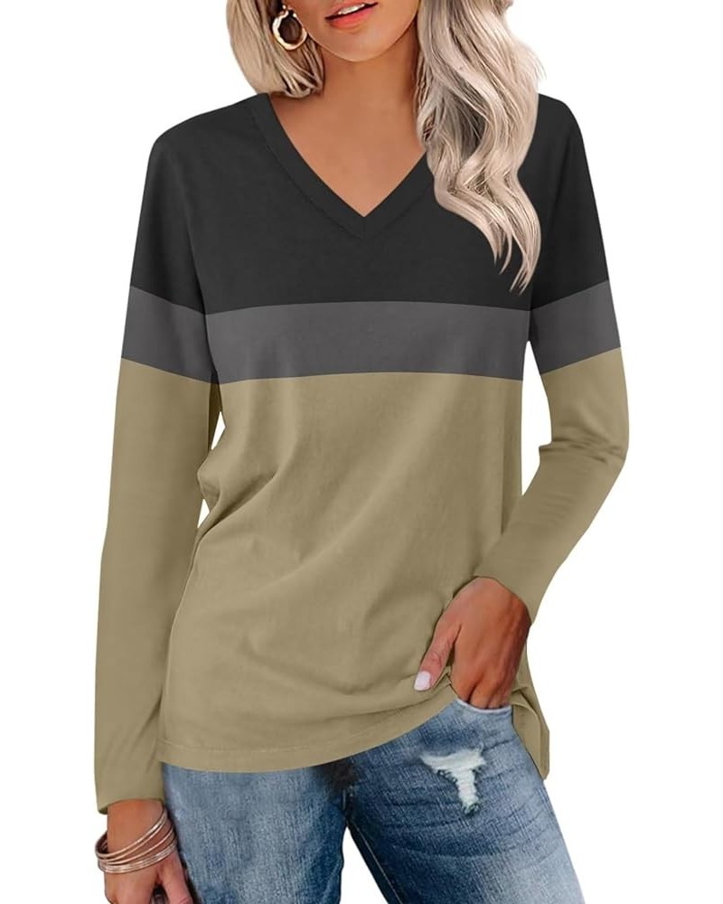 Women's V Neck Long Sleeve T Shirts Casual Color Block/Solid Tunic Tops Basic Tees A Black-charcoal-brown $13.63 Tops