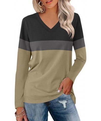 Women's V Neck Long Sleeve T Shirts Casual Color Block/Solid Tunic Tops Basic Tees A Black-charcoal-brown $13.63 Tops