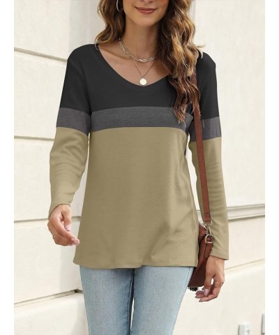 Women's V Neck Long Sleeve T Shirts Casual Color Block/Solid Tunic Tops Basic Tees A Black-charcoal-brown $13.63 Tops