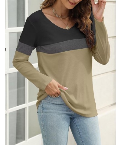 Women's V Neck Long Sleeve T Shirts Casual Color Block/Solid Tunic Tops Basic Tees A Black-charcoal-brown $13.63 Tops