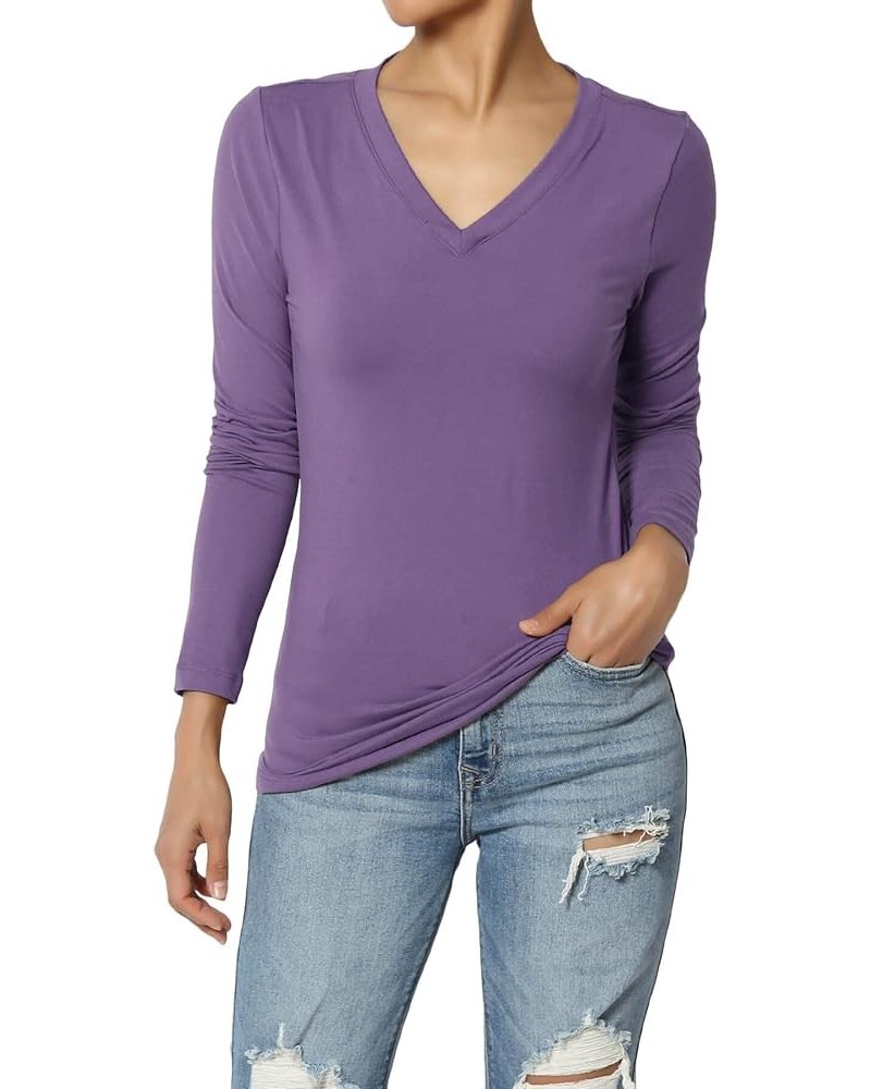 Women's Essential Soft Jersey V-Neck Long Sleeve T-Shirts Basic Stretch Slim Tee Lilac Grey $11.96 T-Shirts