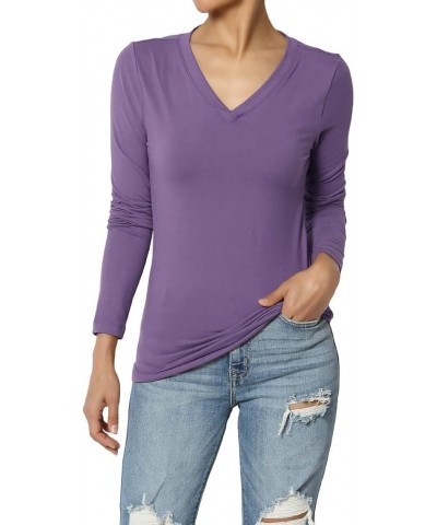 Women's Essential Soft Jersey V-Neck Long Sleeve T-Shirts Basic Stretch Slim Tee Lilac Grey $11.96 T-Shirts