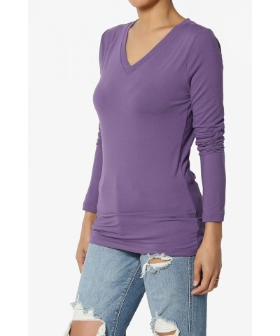 Women's Essential Soft Jersey V-Neck Long Sleeve T-Shirts Basic Stretch Slim Tee Lilac Grey $11.96 T-Shirts