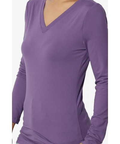 Women's Essential Soft Jersey V-Neck Long Sleeve T-Shirts Basic Stretch Slim Tee Lilac Grey $11.96 T-Shirts