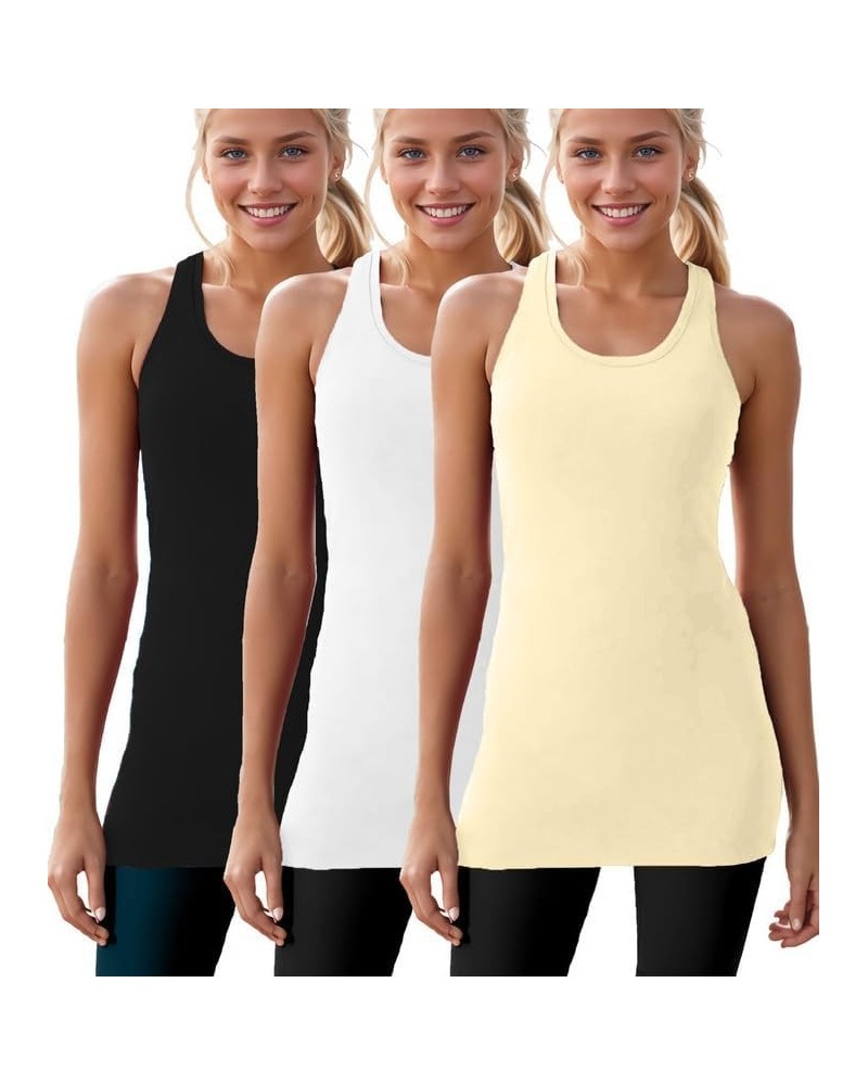 Cotton Long Tank Tops for Women Racerback Camisoles Workout Gym Undershirt Athletic Shirts Yoga Tops 3 Packs Black+white+beig...