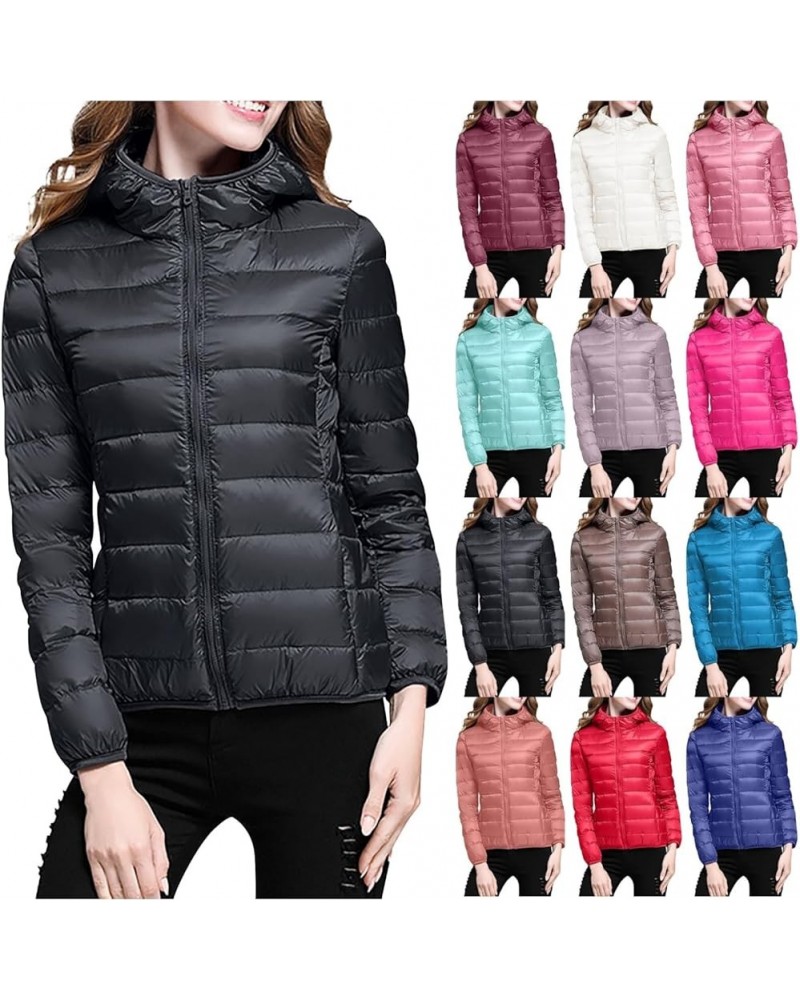 Puffer Jacket Womens Winter Coats for Women Lightweight Long Sleeve Full Zip Packable Hooded Puffer Jackets Pockets Black-1 $...