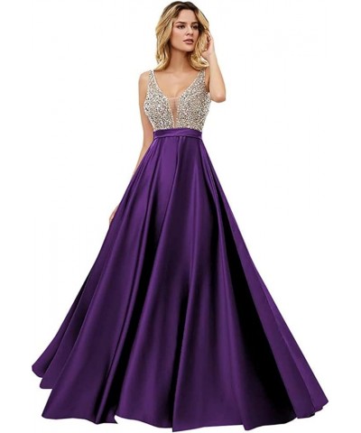 V Neck Satin Prom Dresses for Women Beading Backless Sleeveless Long A Line Formal Gowns with Pockets Plum $44.84 Dresses