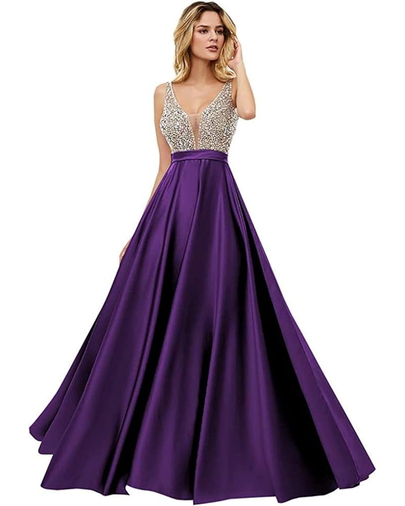 V Neck Satin Prom Dresses for Women Beading Backless Sleeveless Long A Line Formal Gowns with Pockets Plum $44.84 Dresses