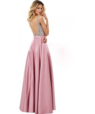 V Neck Satin Prom Dresses for Women Beading Backless Sleeveless Long A Line Formal Gowns with Pockets Plum $44.84 Dresses