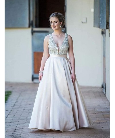 V Neck Satin Prom Dresses for Women Beading Backless Sleeveless Long A Line Formal Gowns with Pockets Plum $44.84 Dresses