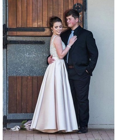 V Neck Satin Prom Dresses for Women Beading Backless Sleeveless Long A Line Formal Gowns with Pockets Plum $44.84 Dresses