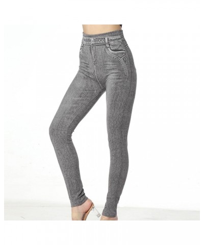 Trendy Women Denim Print Fake Jeans Casual Stretch Leggings with Back Pockets High Waist Tummy Control Legging Gray $5.66 Act...