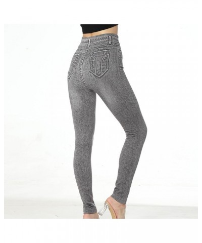 Trendy Women Denim Print Fake Jeans Casual Stretch Leggings with Back Pockets High Waist Tummy Control Legging Gray $5.66 Act...