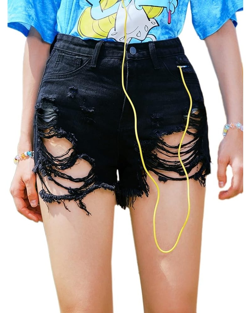 Women's High Rise Ripped Raw Hem Straight Leg Distressed Denim Jeans Shorts Black $10.65 Shorts