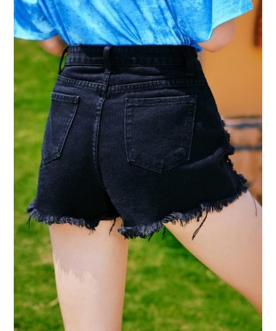 Women's High Rise Ripped Raw Hem Straight Leg Distressed Denim Jeans Shorts Black $10.65 Shorts