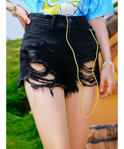 Women's High Rise Ripped Raw Hem Straight Leg Distressed Denim Jeans Shorts Black $10.65 Shorts