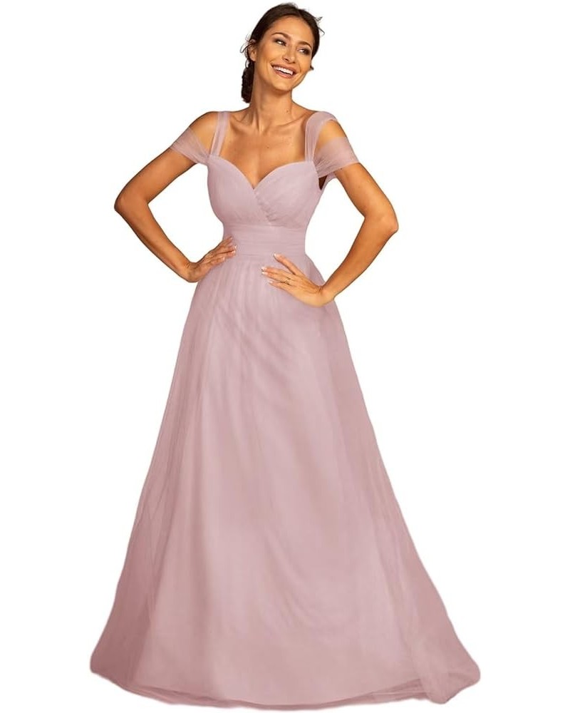 Cold Shoulder Tulle Prom Dress Long A Line Formal Evening Party Gowns Wedding Bridesmaid Dress Dusty Rose $30.31 Dresses