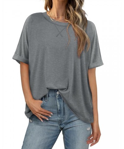 Women Loose Fit T-Shirt Casual Rolled Sleeve Tee Crewneck Solid Color Summer Trendy Basic T-Shirt C-gray $13.24 T-Shirts