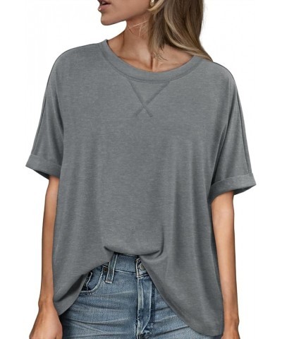 Women Loose Fit T-Shirt Casual Rolled Sleeve Tee Crewneck Solid Color Summer Trendy Basic T-Shirt C-gray $13.24 T-Shirts