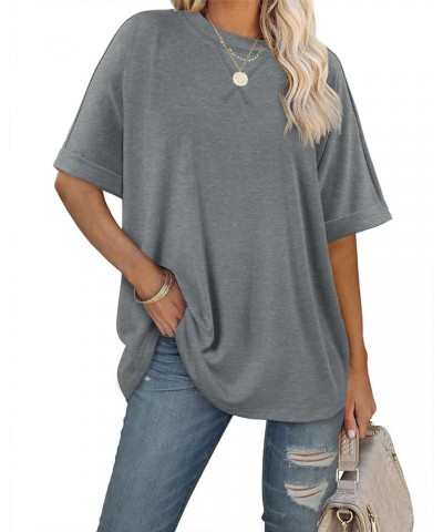 Women Loose Fit T-Shirt Casual Rolled Sleeve Tee Crewneck Solid Color Summer Trendy Basic T-Shirt C-gray $13.24 T-Shirts