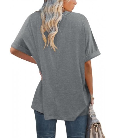 Women Loose Fit T-Shirt Casual Rolled Sleeve Tee Crewneck Solid Color Summer Trendy Basic T-Shirt C-gray $13.24 T-Shirts