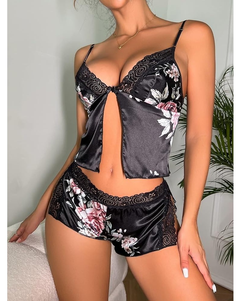 Lingerie for Women Floral Print Contrast Lace Satin Lingerie Set Sleep & Lounge (Color : White, Size : X-Large) Large Black $...