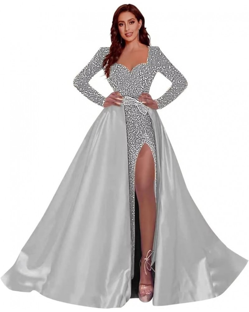 Prom Dresses Long Ball Gown Sparkly Sequin One Shoulder Satin Slit A Line Evening Party Dress for Women Formal Z-sliver Grey ...