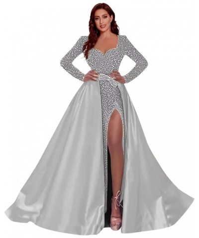 Prom Dresses Long Ball Gown Sparkly Sequin One Shoulder Satin Slit A Line Evening Party Dress for Women Formal Z-sliver Grey ...