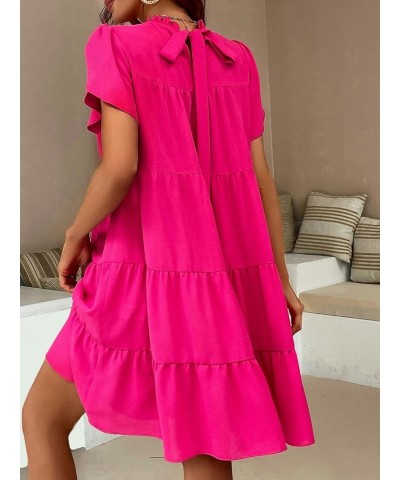 Women's Petal Short Sleeve Mock Neck Tie Back Ruffle Smocked Summer Tunic Short Dress Hot Pink $23.51 Dresses