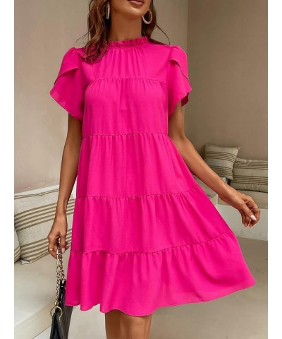 Women's Petal Short Sleeve Mock Neck Tie Back Ruffle Smocked Summer Tunic Short Dress Hot Pink $23.51 Dresses