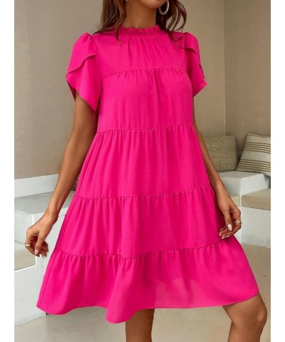 Women's Petal Short Sleeve Mock Neck Tie Back Ruffle Smocked Summer Tunic Short Dress Hot Pink $23.51 Dresses