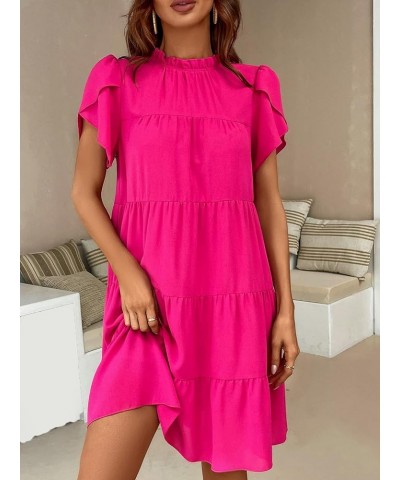 Women's Petal Short Sleeve Mock Neck Tie Back Ruffle Smocked Summer Tunic Short Dress Hot Pink $23.51 Dresses