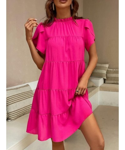 Women's Petal Short Sleeve Mock Neck Tie Back Ruffle Smocked Summer Tunic Short Dress Hot Pink $23.51 Dresses