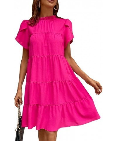 Women's Petal Short Sleeve Mock Neck Tie Back Ruffle Smocked Summer Tunic Short Dress Hot Pink $23.51 Dresses