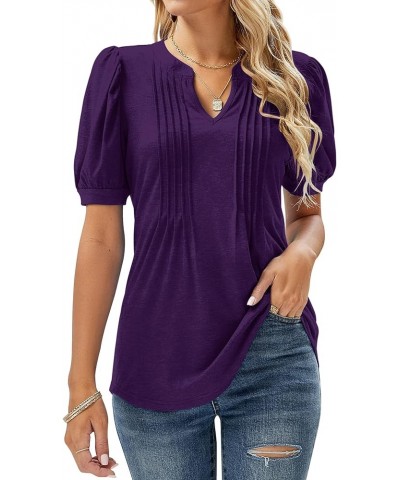 Womens V Neck Puff Short Sleeve Pleated T Shirts Fashion Summer Tops Casual Tunic Blouse Purple $14.24 Tops