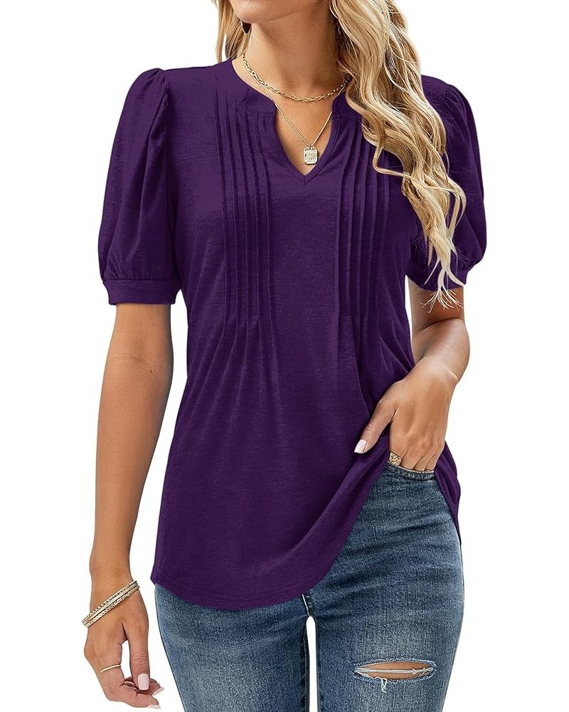 Womens V Neck Puff Short Sleeve Pleated T Shirts Fashion Summer Tops Casual Tunic Blouse Purple $14.24 Tops