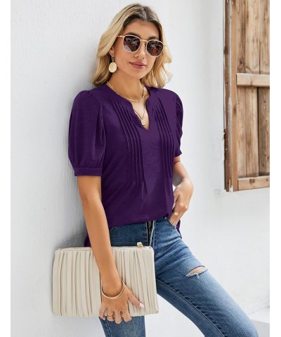 Womens V Neck Puff Short Sleeve Pleated T Shirts Fashion Summer Tops Casual Tunic Blouse Purple $14.24 Tops